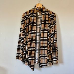 Tan Red Black Shawl Neck Plaid Cardigan Lightweight Elbow Patches